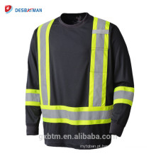 Camisa longa preta da segurança T da visibilidade do poliéster 100% de Birdseye das luvas com a fita reflexiva de 3M